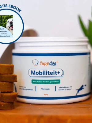 Mobiliteit+ voor honden in een pot van het merk Suppdog met gratis ebook sticker