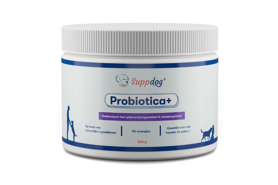 Een pot Probiotica+ van Suppdog voor een gezonde darmflora
