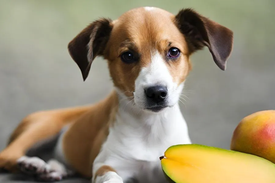 Puppy die een mango voor zich heeft