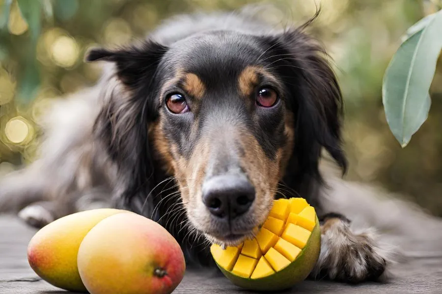 Hond met een ingesneden mango onder zijn snoet