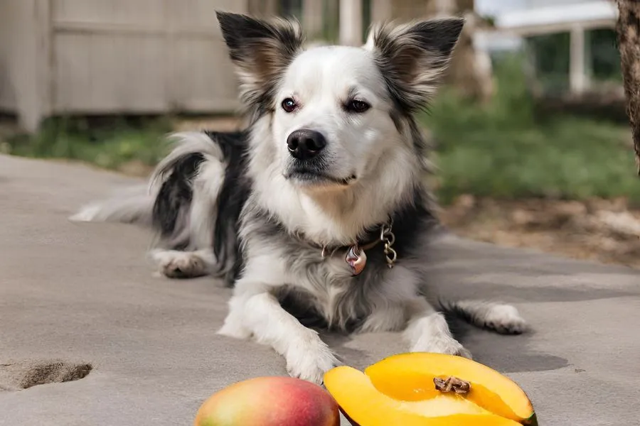 Hond die mango's voor zich heeft liggen