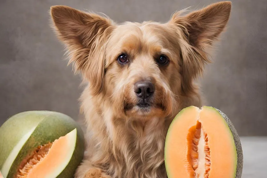 Een hond met meerdere cantaloupe meloenen om zich heen