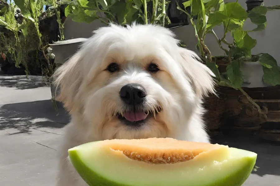 Een hond met honingmeloen voor zich