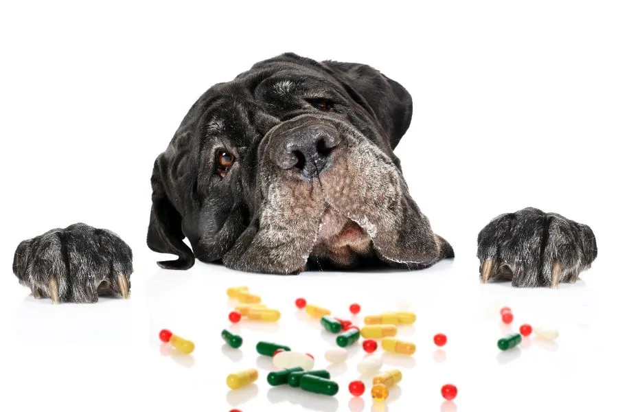 Een hond met verschillende soorten antibiotica pillen voor zich