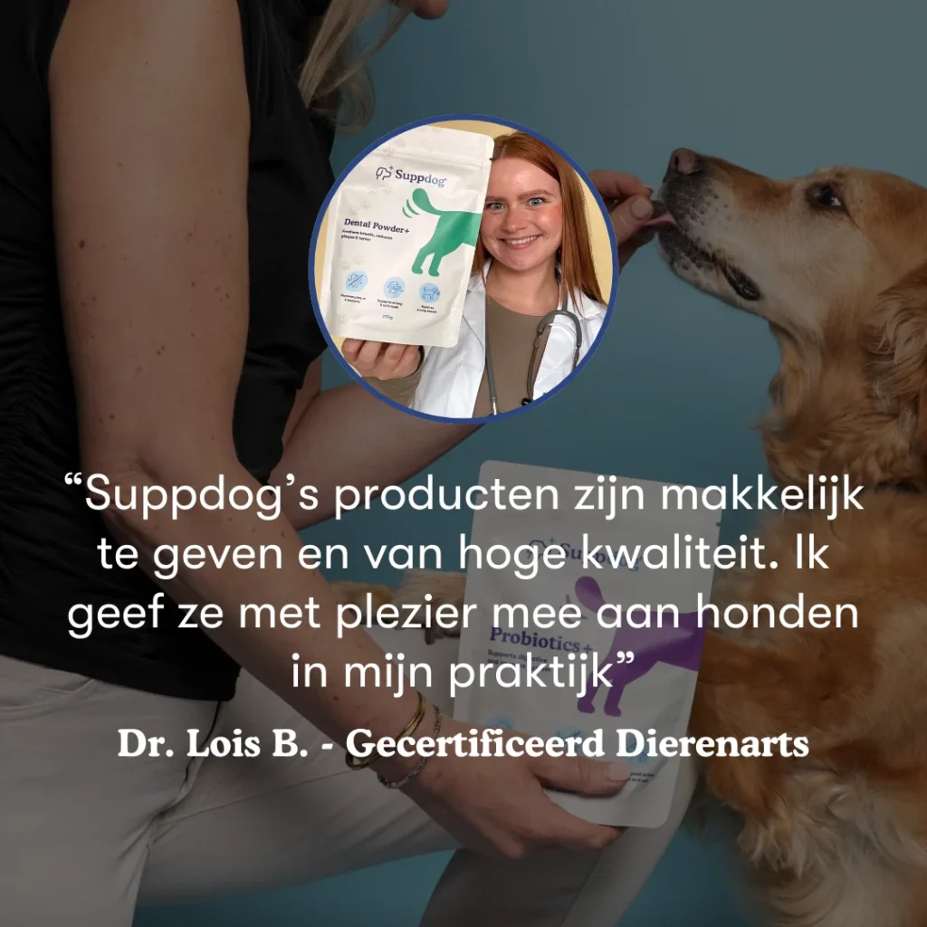 Probiotica+ dierenarts quote van Lois met hond, baasje en het product op de achtergrond
