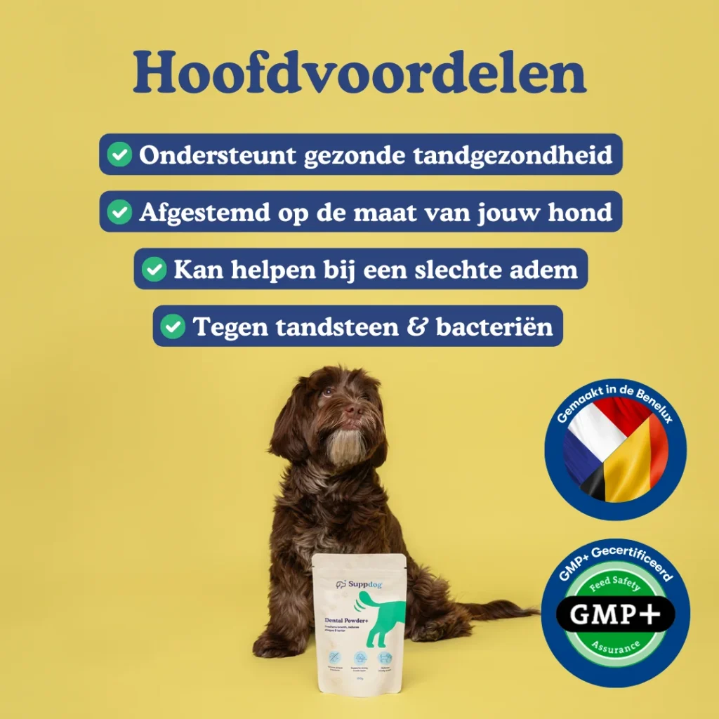 Dental Powder+ hoofdvoordelen met hond bij het zakje en trustbadges