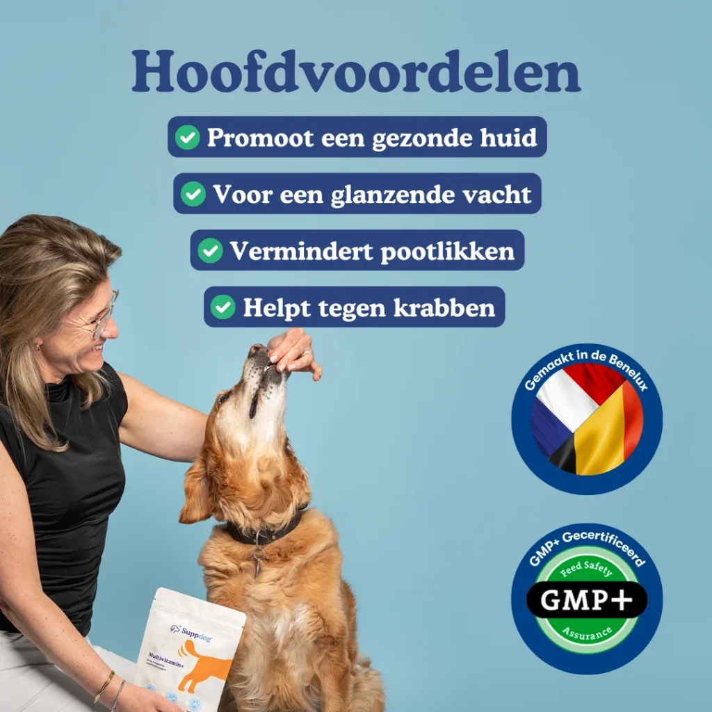 Multivitamin+ hoofdvoordelen met hond bij het zakje en trustbadges