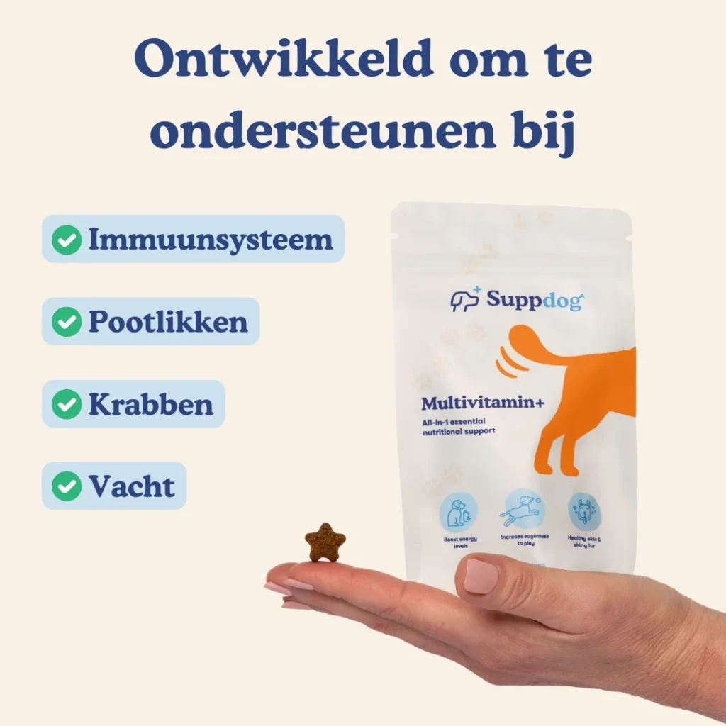 Multivitamin+ ontwikkeld voor problemen immuunsysteem, pootlikken, krabben en vacht.