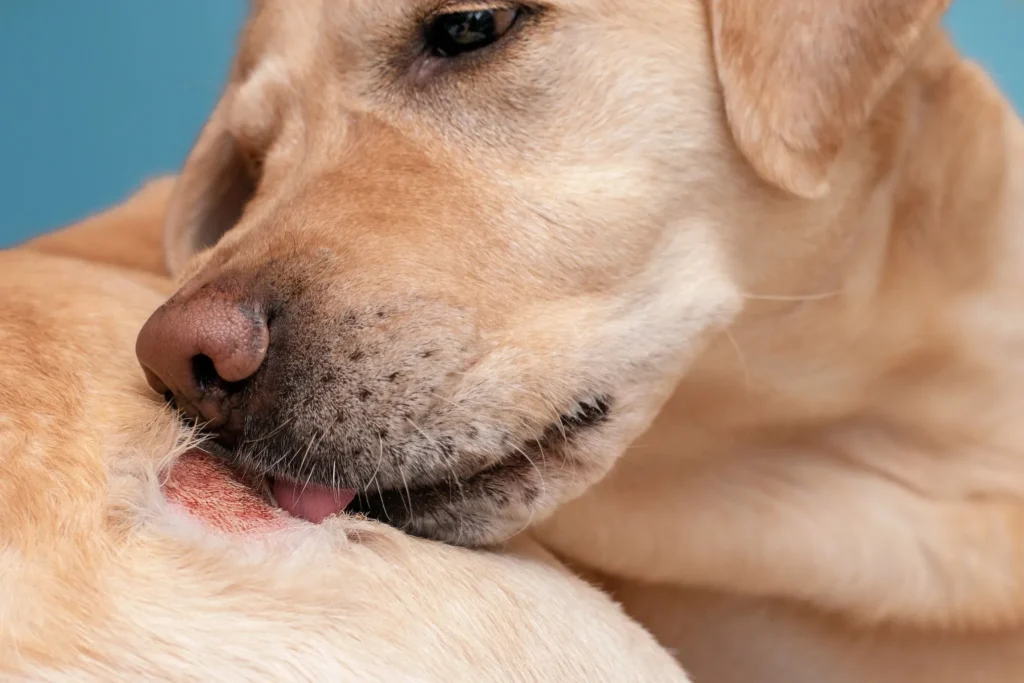 Hond likt geïrriteerde plekken