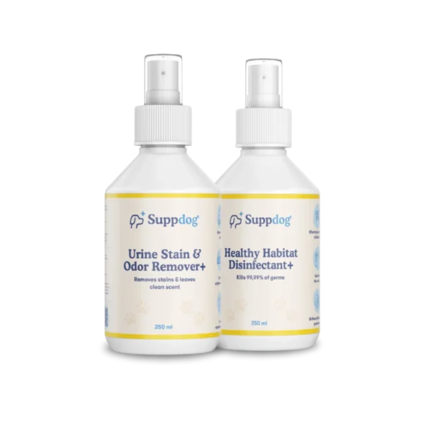 De Healthy Habitat Disinfectant+ en Urine Stain & Odor Remover+ sprays naast elkaar op transparante achtergrond.
