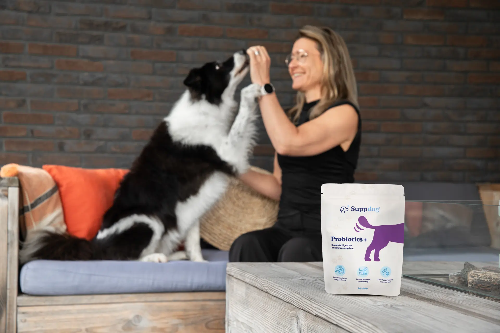 Hond die Probiotics+ snoepje van baasje krijgt op achtergrond met Probiotics+ product op voorgrond